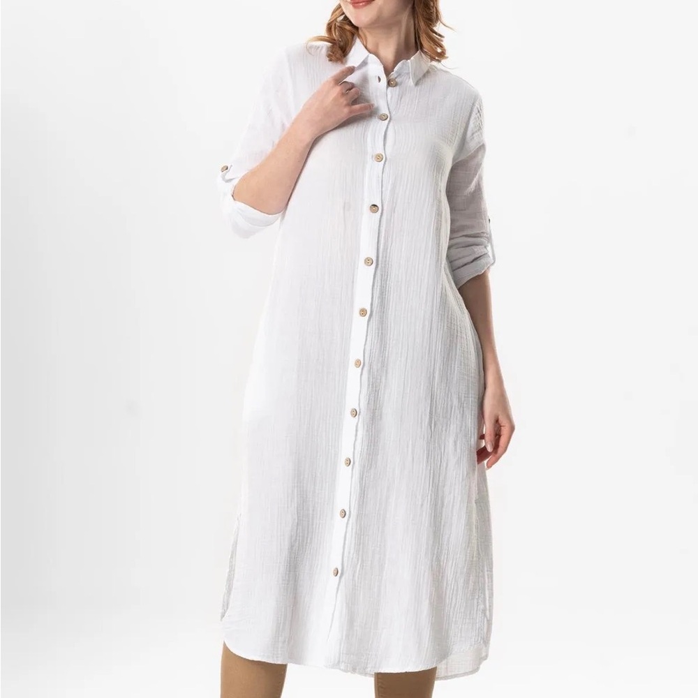 Elis Sile Bezi White Cotton Button Down Shirt Dress